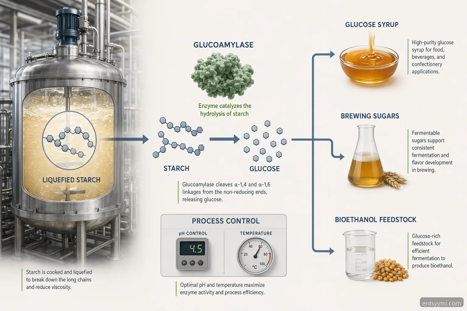 entsyymi for starch processing glukoamylaasi overview showing starch conversion, process controls, QC, and end uses