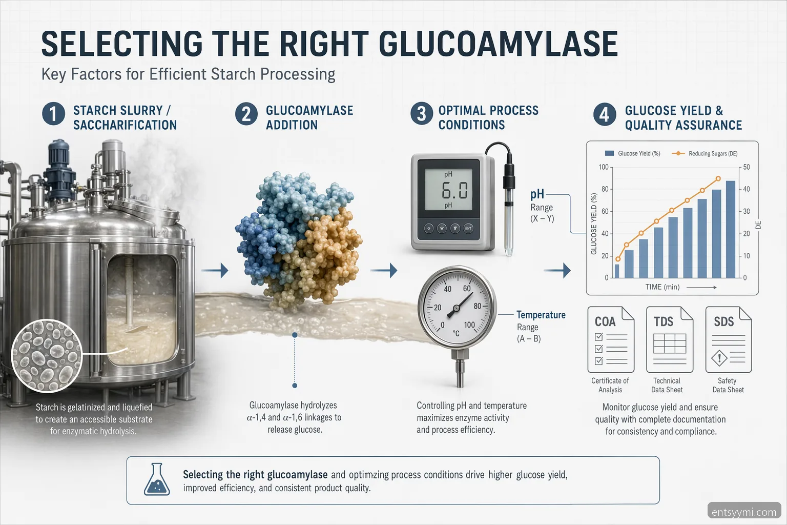 entsyymi supplier for starch processing glucoamylase guide: pH, temperature, yield and QC metrics