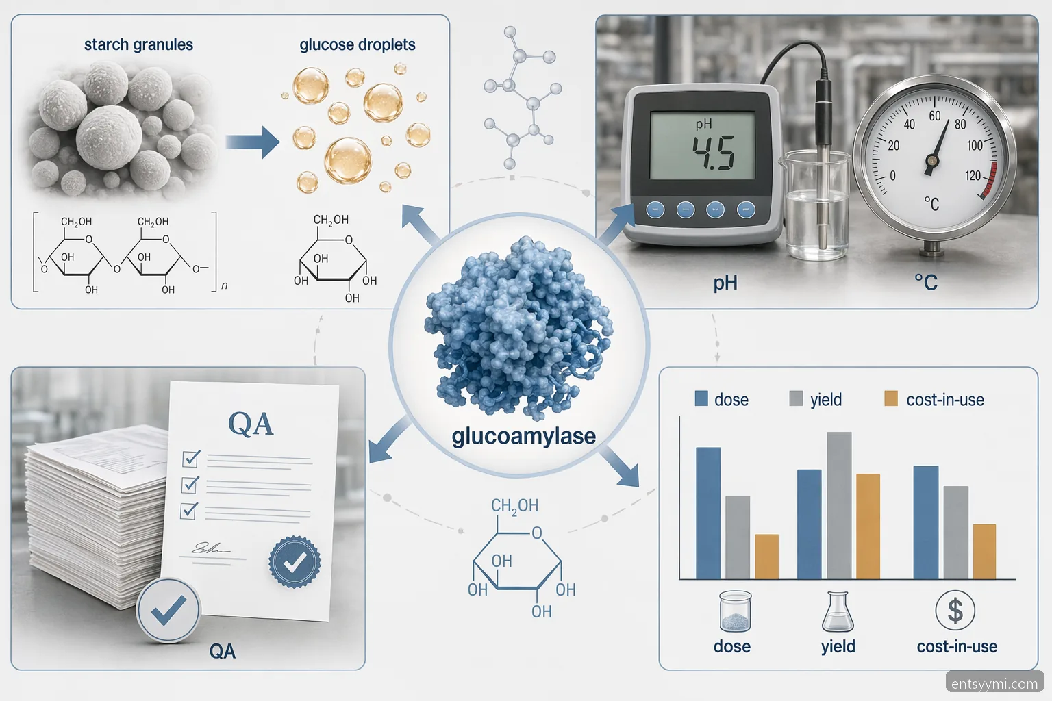 teollisuusentsyymi supplier for starch processing glukoamylaasin tarkistuslista, showing pH, heat, QA and cost factors